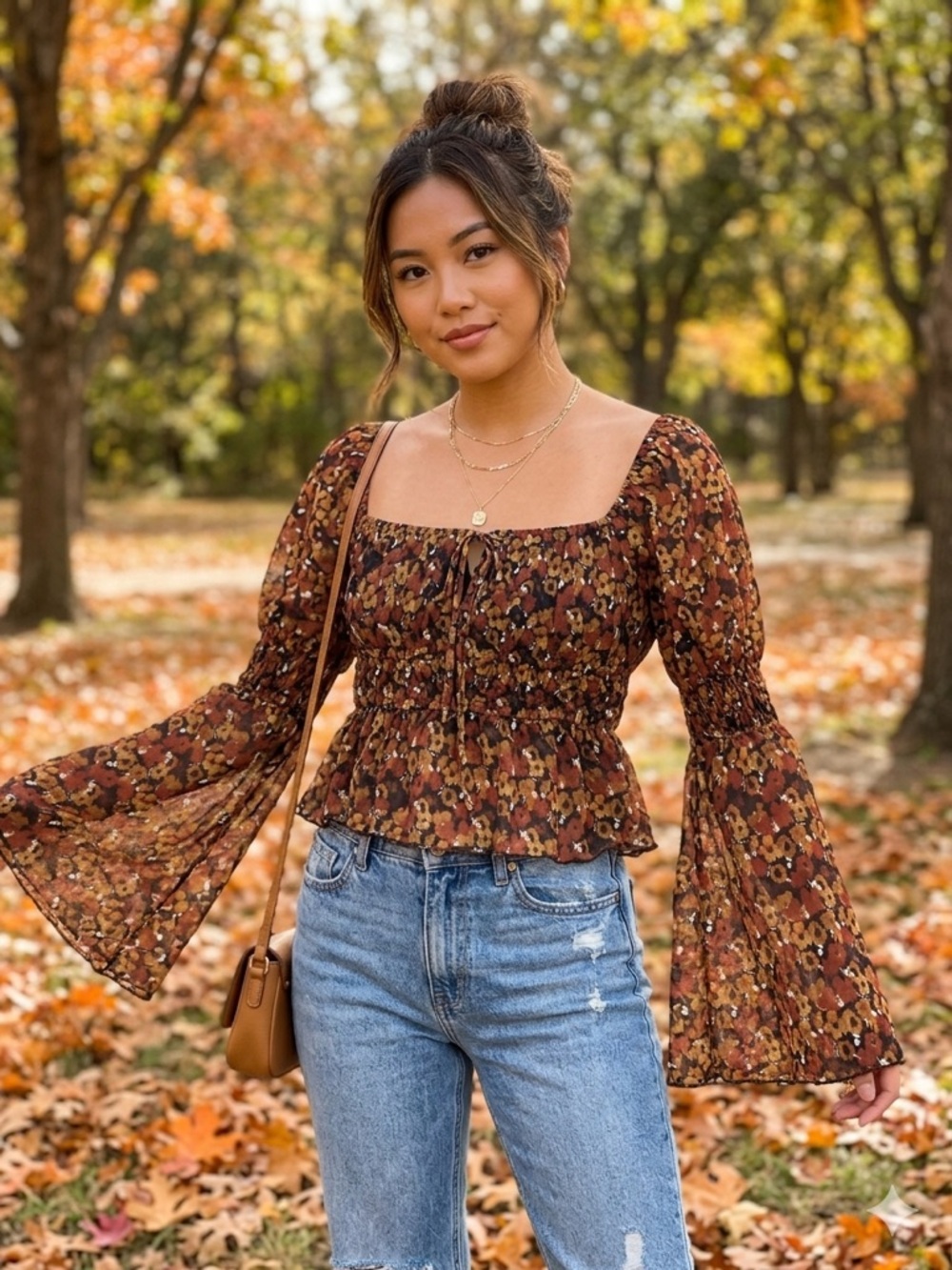 Mixed Threads LA Smocked Floral Mesh Bell Sleeve Peasant Top‎ Boho Chic Size L